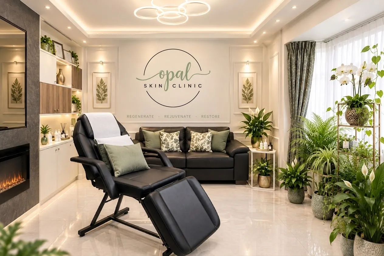 The calm, plant-filled treatment room at Opal Skin Clinic in Mill Hill